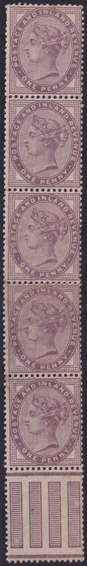 GB 1881 1d Lilac Strip of Five with Margin