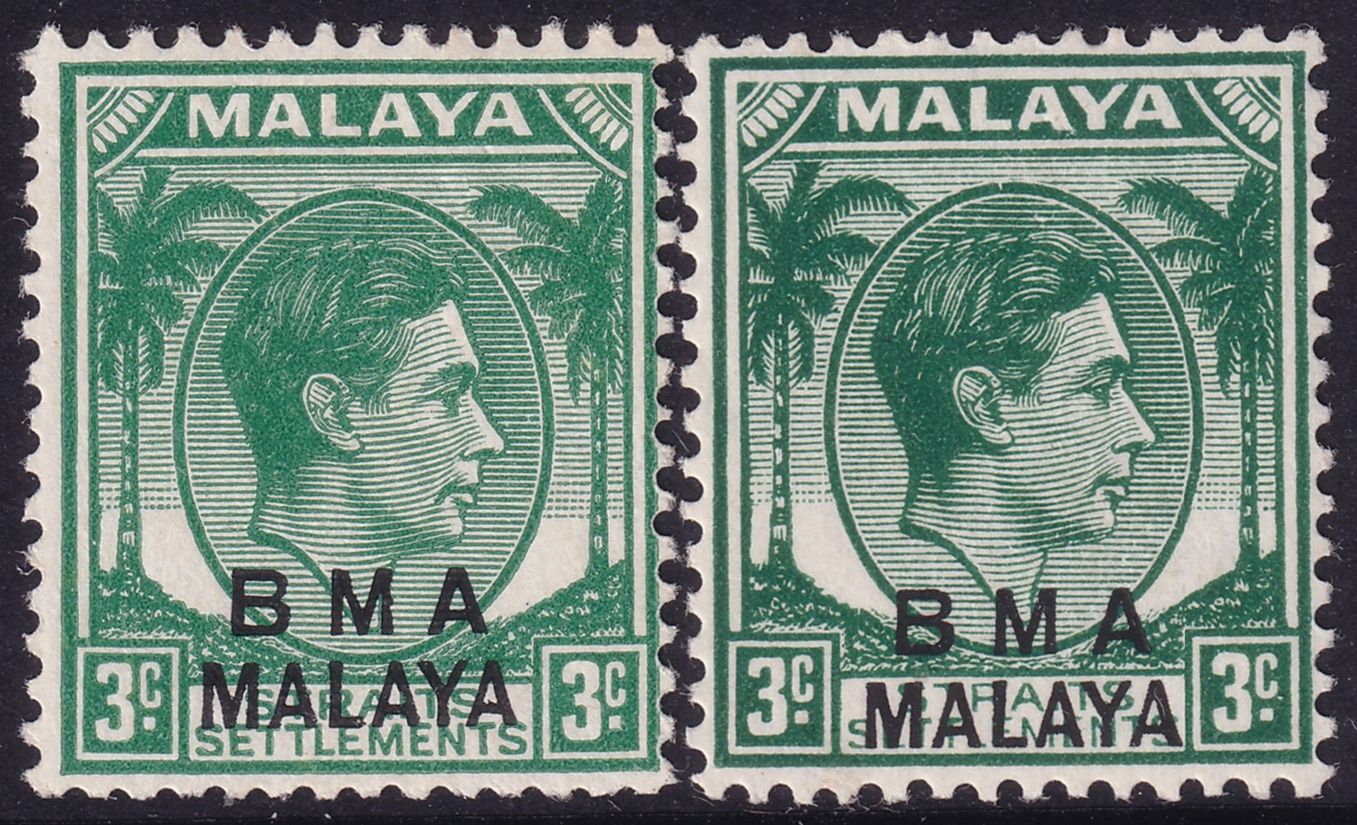 BMA Malaya 1945-47 3c Yellow-Green and Blue-Green