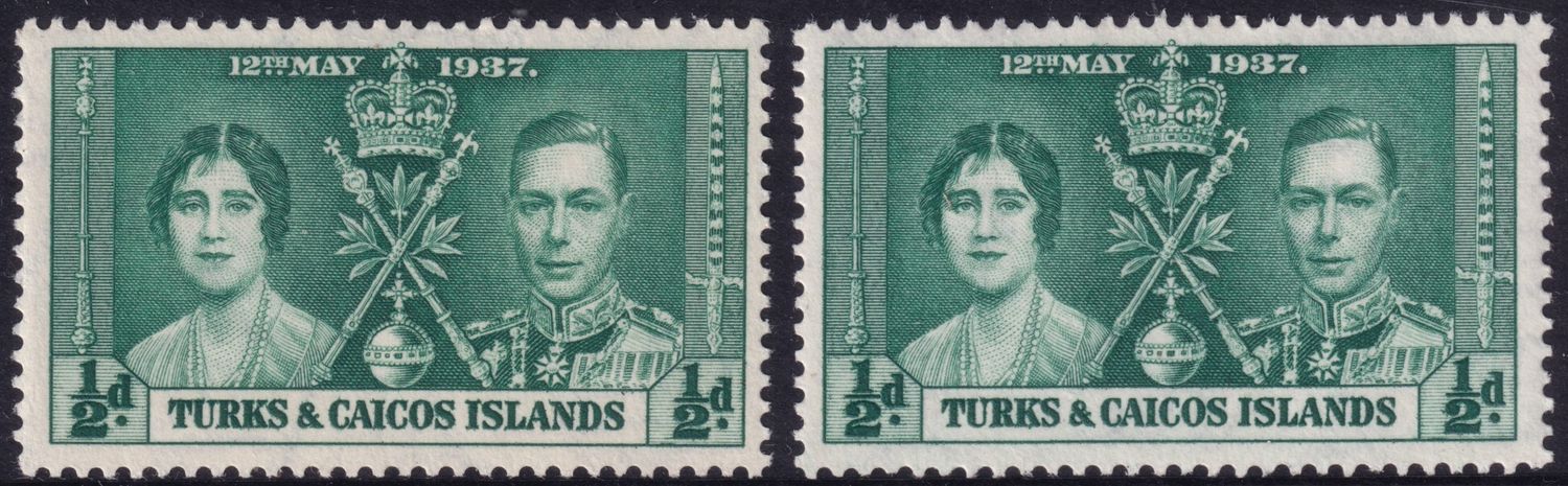 Turks &amp; Caicos Islands 1937 ½d Green Coronation Both Shades