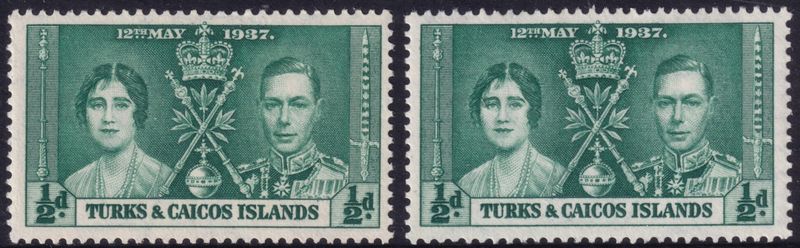 Turks &amp; Caicos Islands 1937 ½d Green Coronation Both Shades