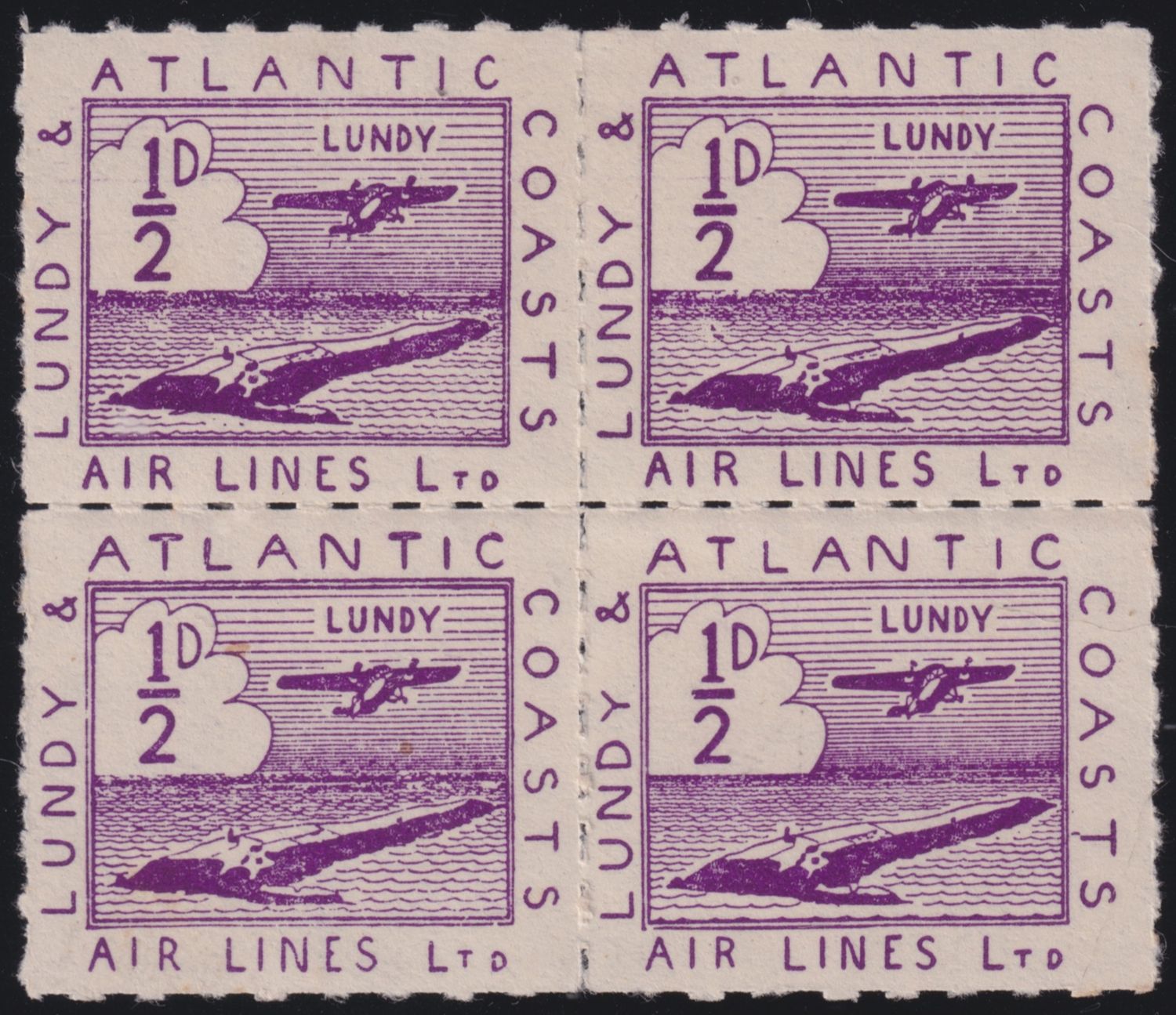 Lundy 1937 ½d Airmail Block of 4