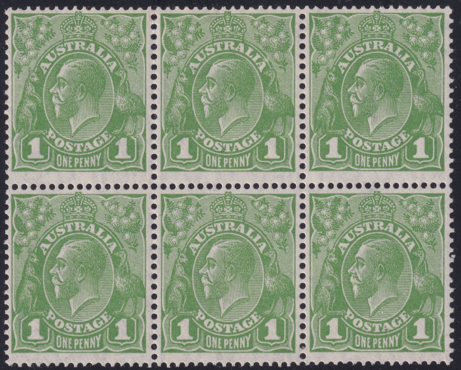 Australia 1931 1d Green Block of Six with Inverted Watermark