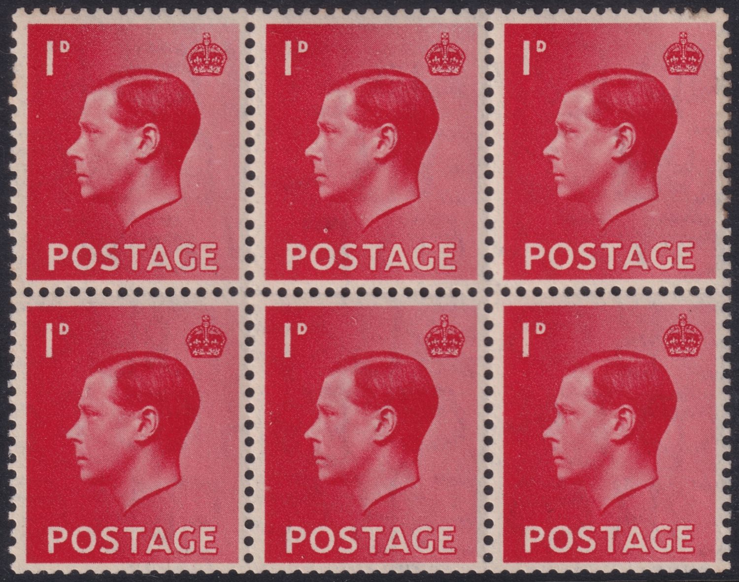 GB 1937 1d Scarlet Inverted Watermark Block of Six