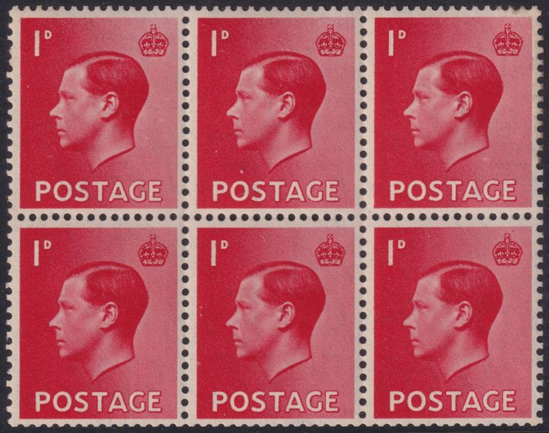 GB 1937 1d Scarlet Inverted Watermark Block of Six