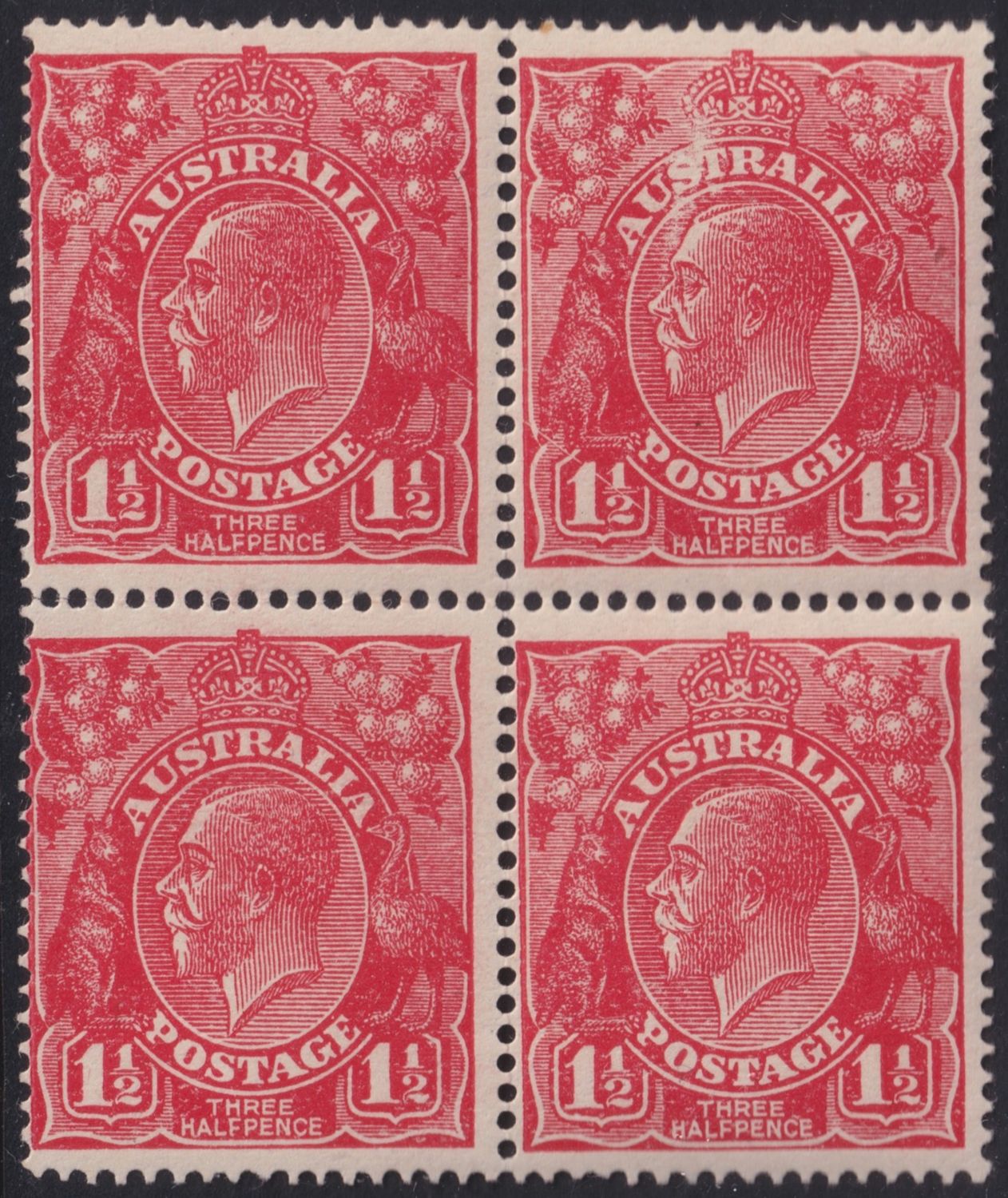 Australia 1924 1½d Red No Watermark Block of 4 with Scratched Electro x 2