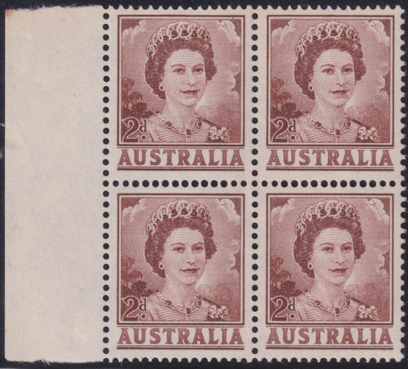 Australia 1963 2d Brown QEII Coil Perf Block of 4
