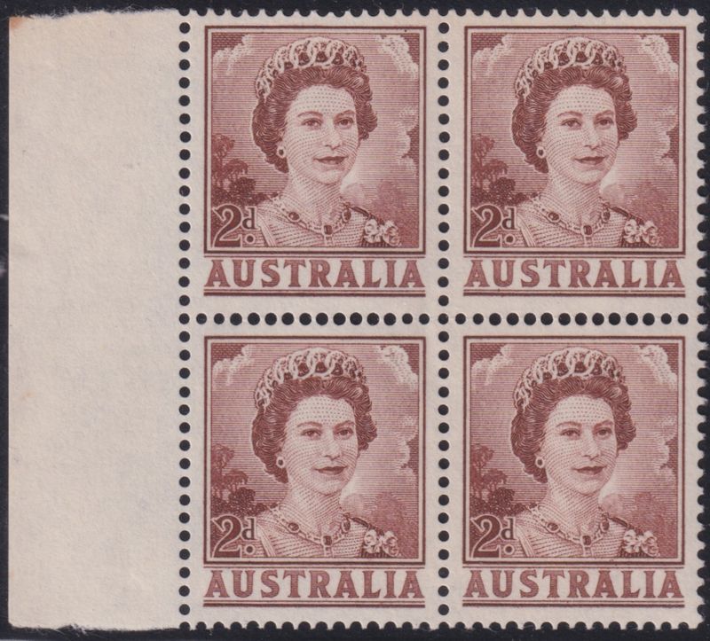Australia 1963 2d Brown QEII Coil Perf Block of 4