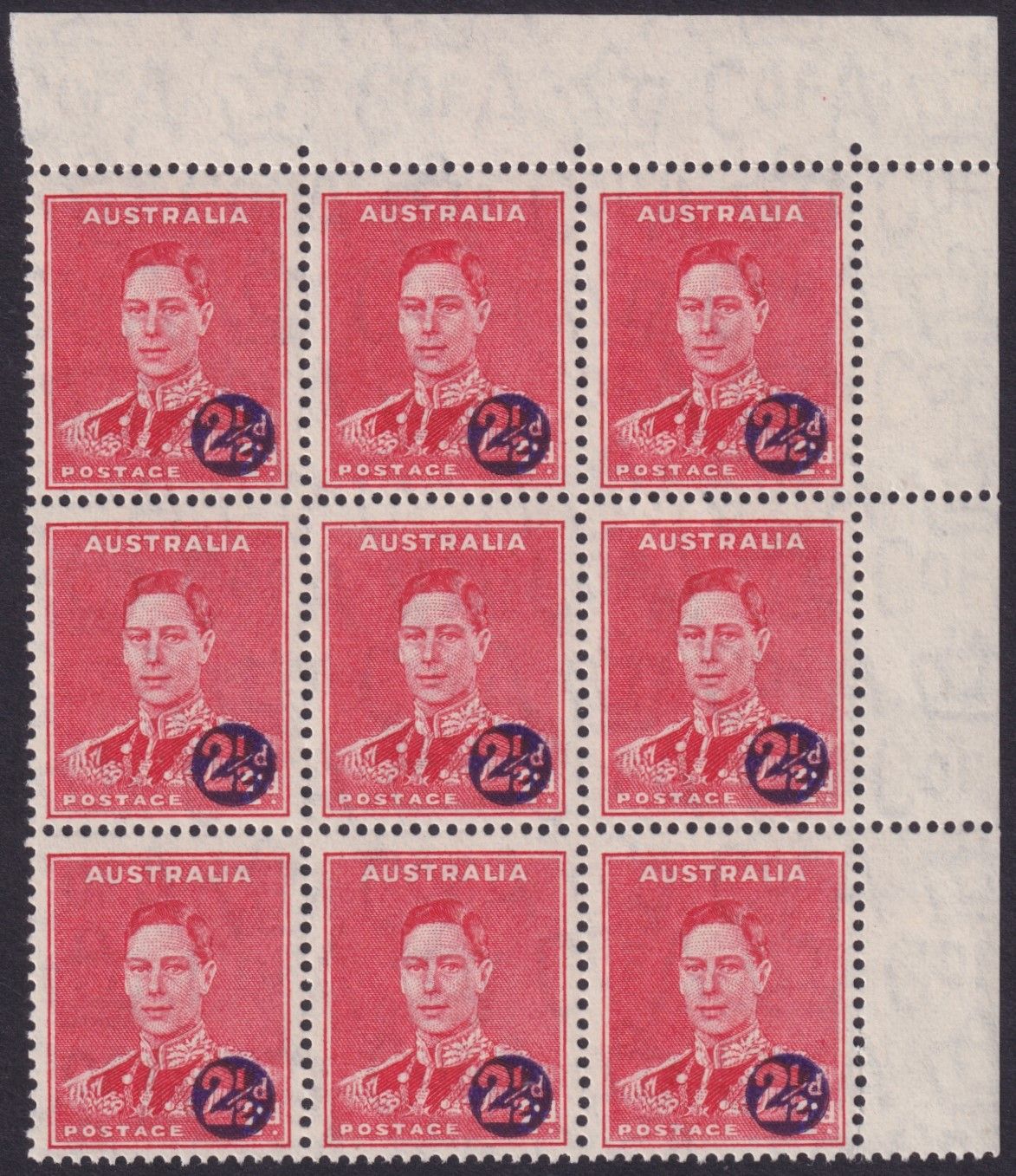 Australia 1941 2½d on 2d Scarlet War Surcharge Corner Block of 9