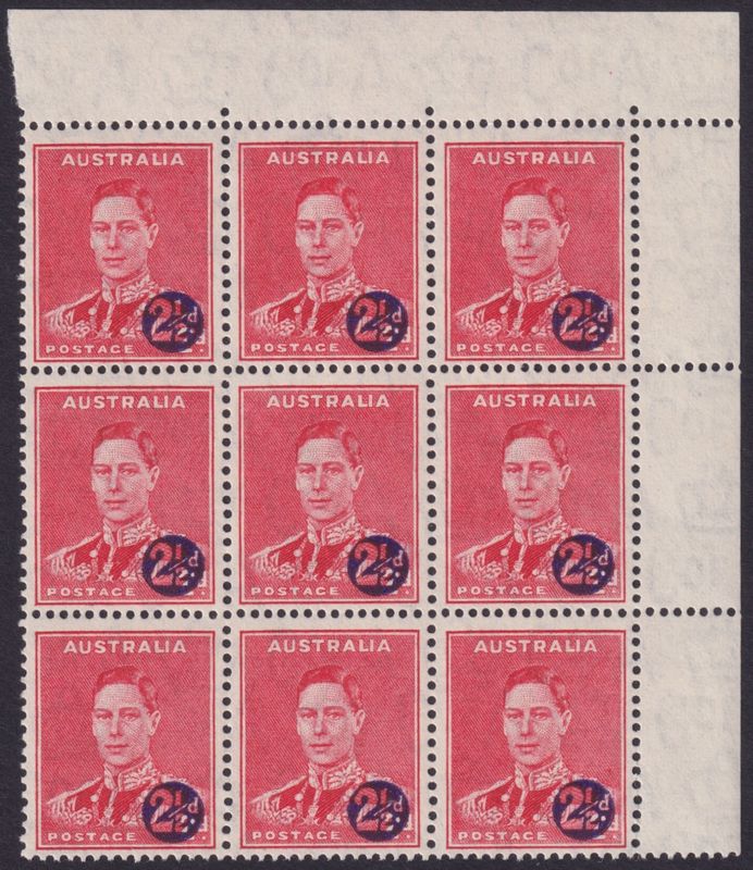 Australia 1941 2½d on 2d Scarlet War Surcharge Corner Block of 9
