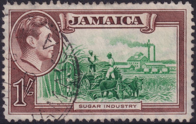 Jamaica 1938 1/- Green and Purple-Brown with Repaired Chimney Variety