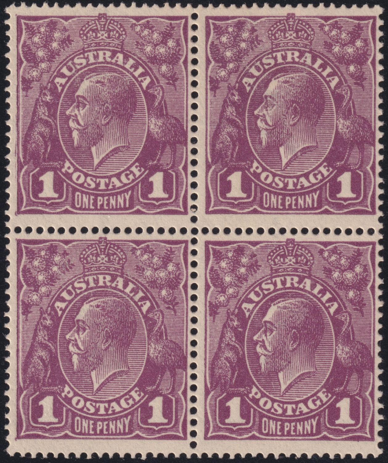 Australia 1922 1d Violet Block of Four with Kangaroos Tongue Out Variety