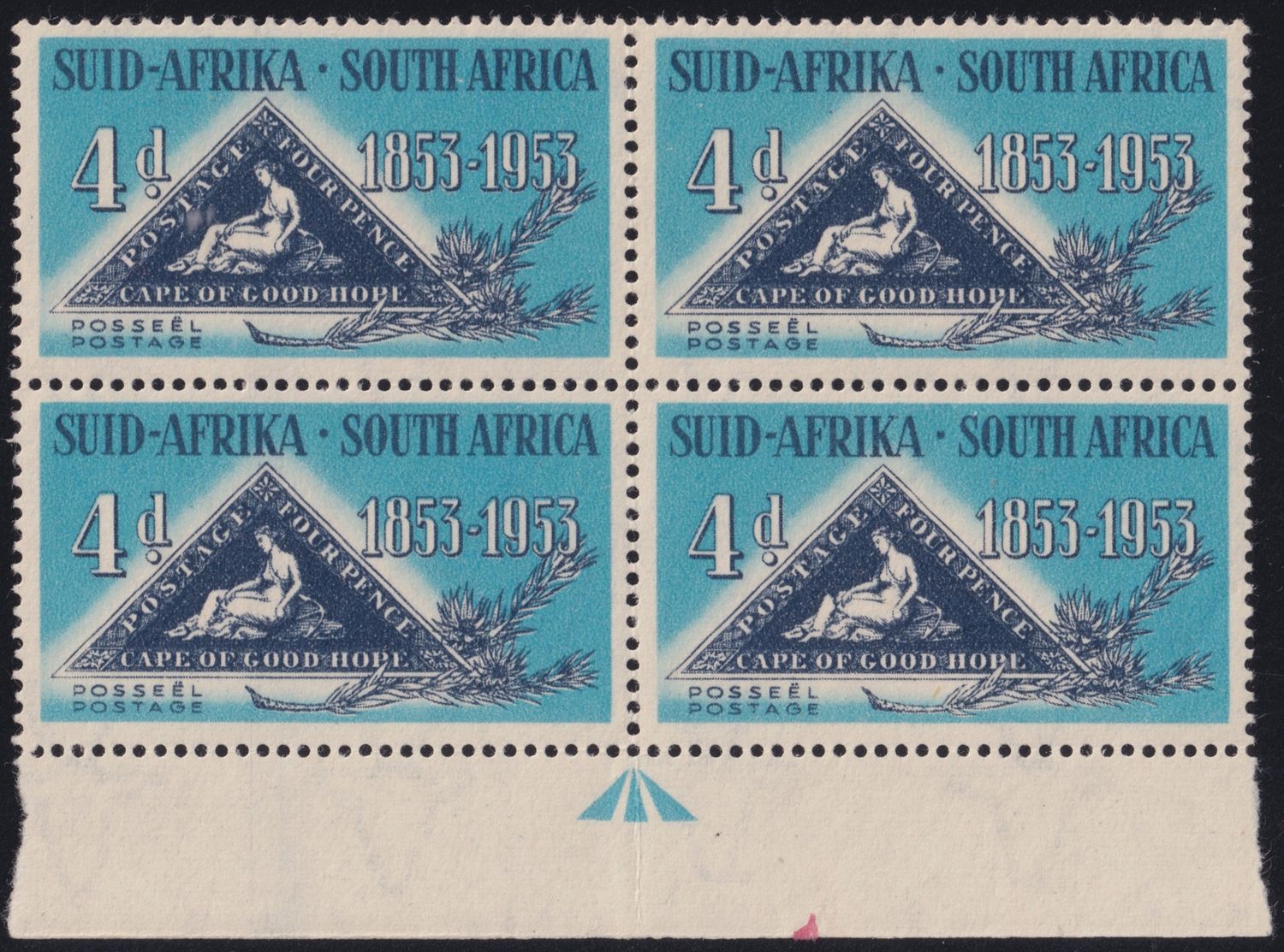 South Africa 1953 4d Stamp Centenary Positional Block of 4 with Broken Knee Variety