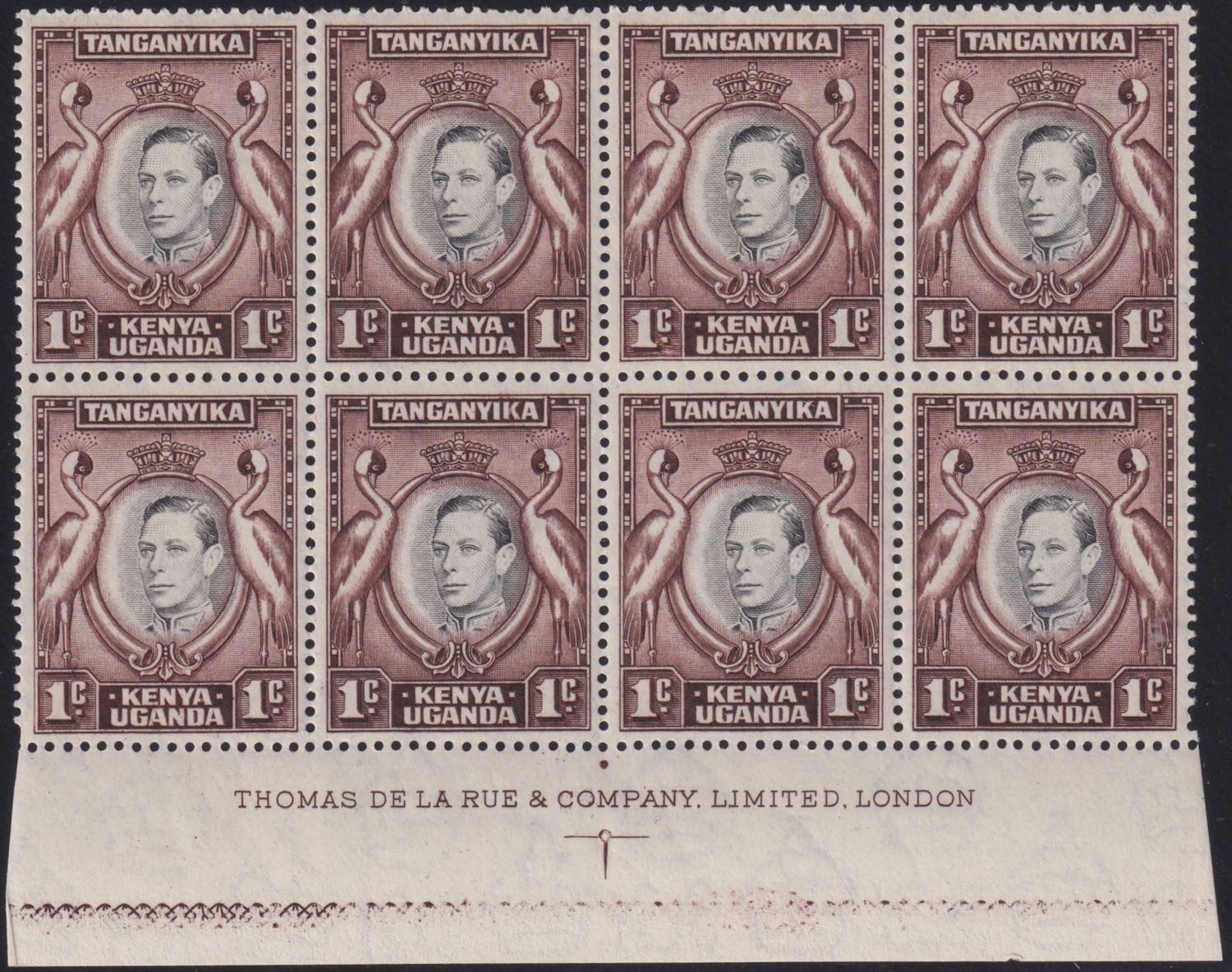 KUT 1942 1c Black and Chocolate Brown Imprint Block with Retouched Value Tablet