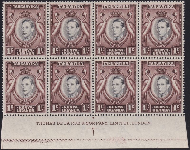 KUT 1942 1c Black and Chocolate Brown Imprint Block with Retouched Value Tablet