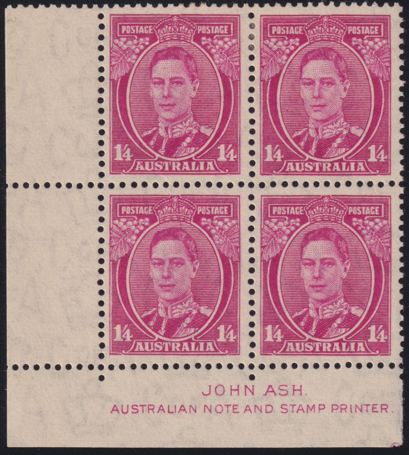 Australia 1938 1/4d Deep Magenta Imprint Block with Two Varieties