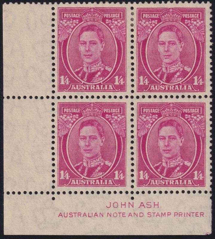 Australia 1938 1/4d Deep Magenta Imprint Block with Two Varieties