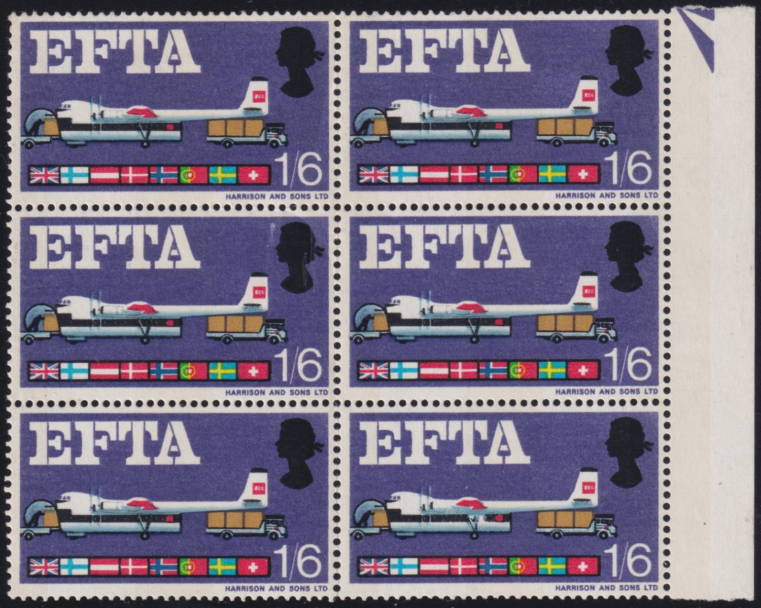 GB 1967 1/6d EFTA Positional Block of Six with Broken Undercarriage Variety