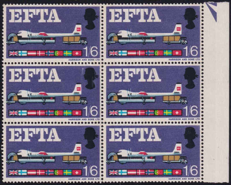 GB 1967 1/6d EFTA Positional Block of Six with Broken Undercarriage Variety