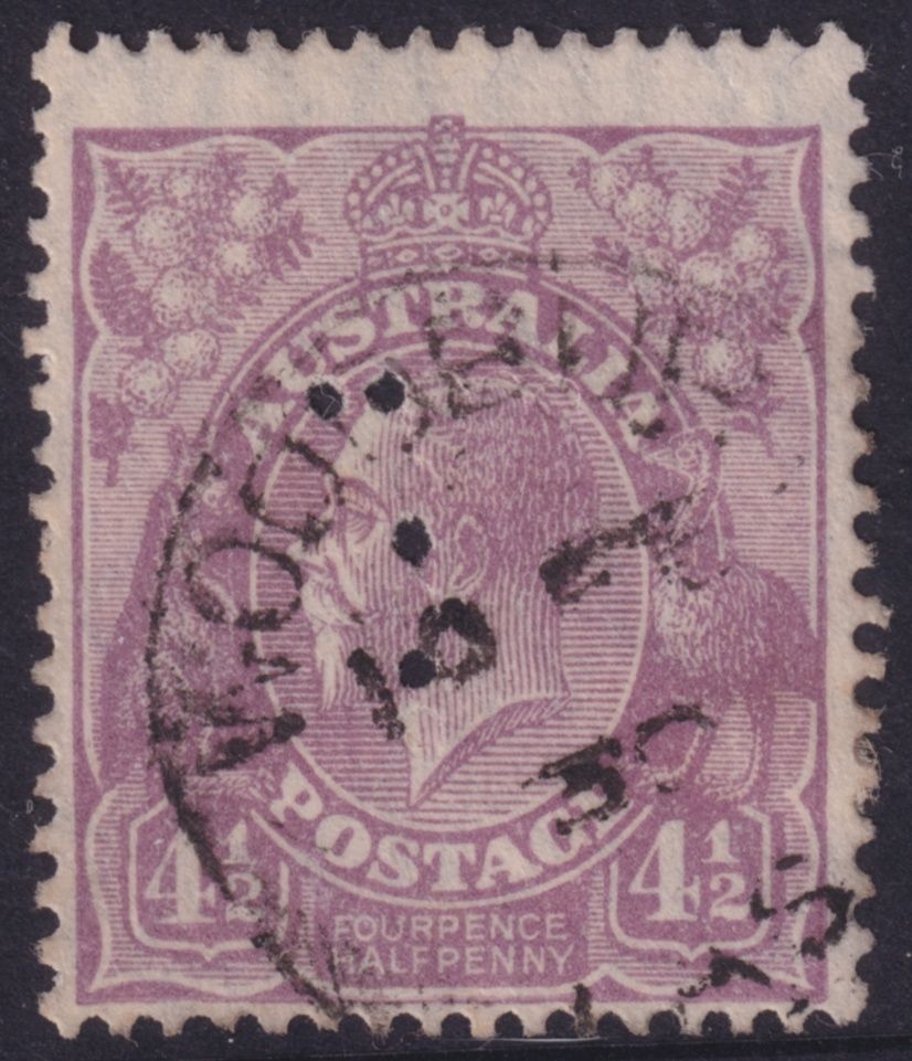 Australia 1928 4½d Violet Perfin T with Flaw on S of Australia