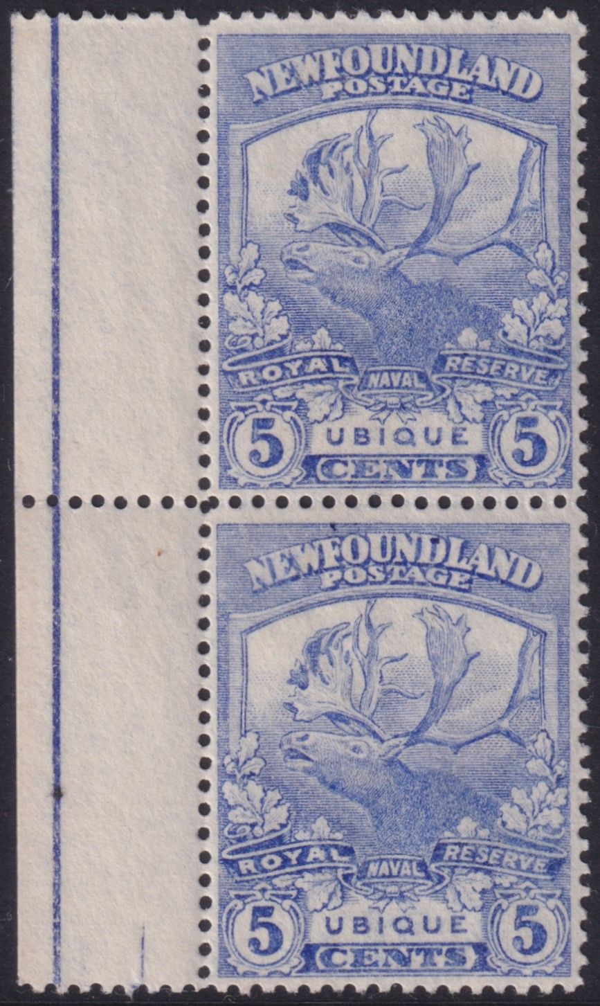 Newfoundland 1919 5c Ultramarine Marginal Pair Line Perf