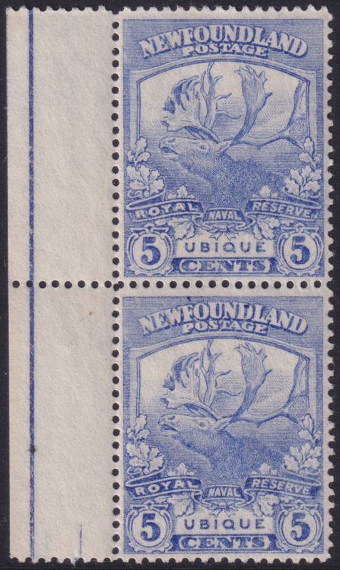 Newfoundland 1919 5c Ultramarine Marginal Pair Line Perf