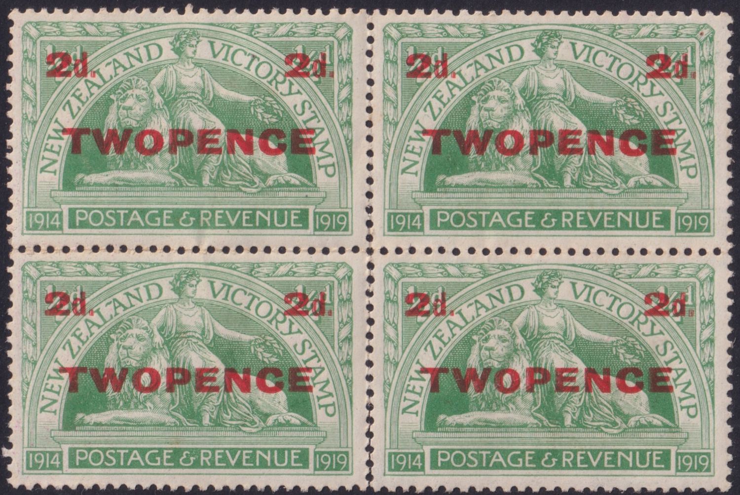 New Zealand 1922 2d on ½d Victory Block of 4