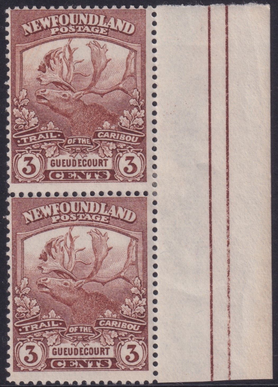 Newfoundland 1919 3c Brown Marginal Pair Comb Perf