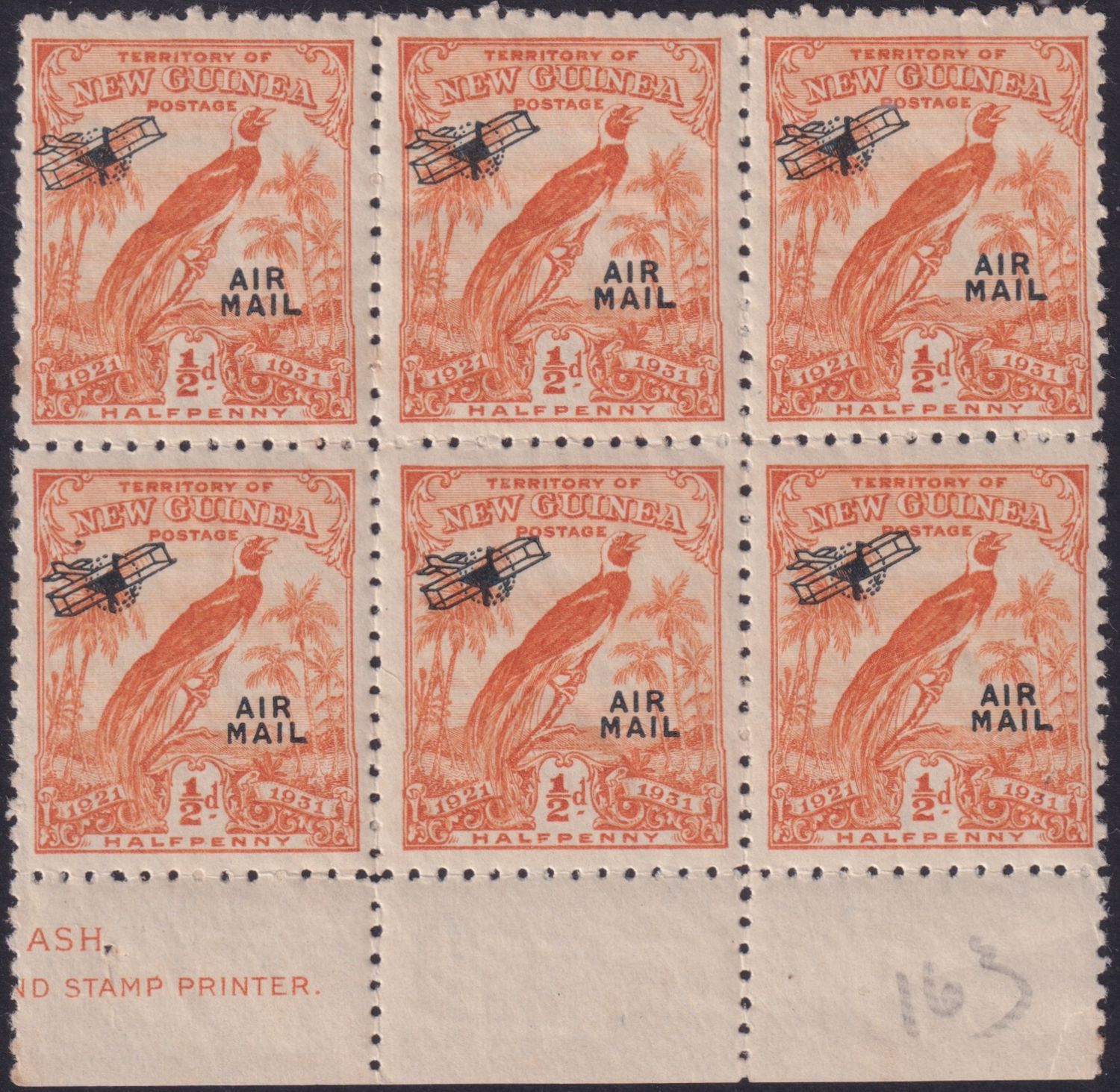 New Guinea 1931 ½d Orange Air Mail Block with Partial Imprint