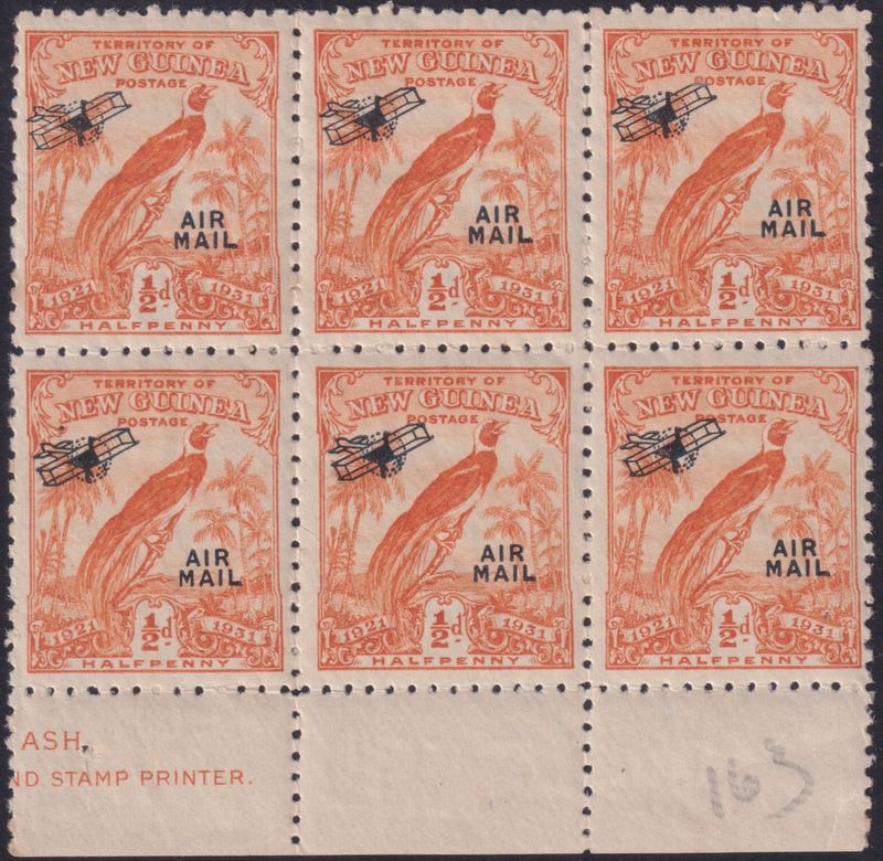 New Guinea 1931 ½d Orange Air Mail Block with Partial Imprint