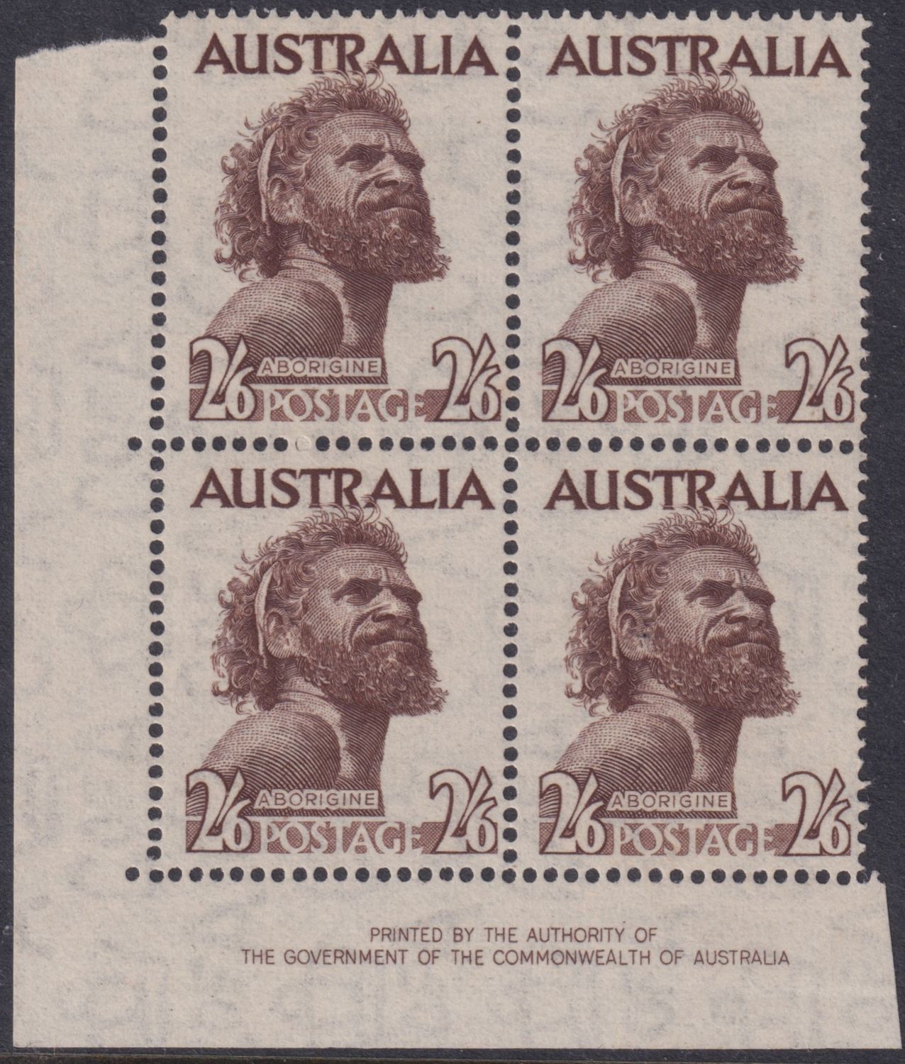 Australia 1952 2/6d Aboriginal Imprint Block of Four
