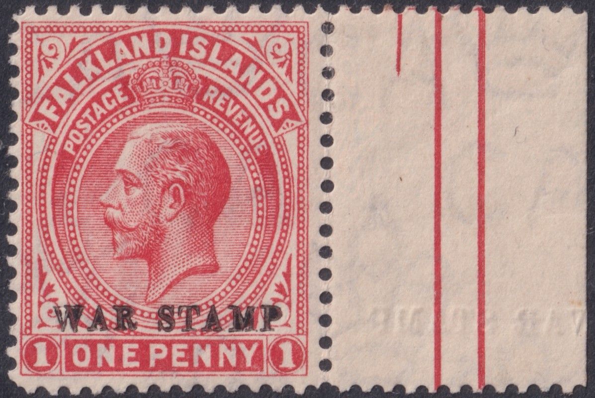 Falkland Islands 1918 1d Vermilion War Stamp with Albino Overprint in Margin