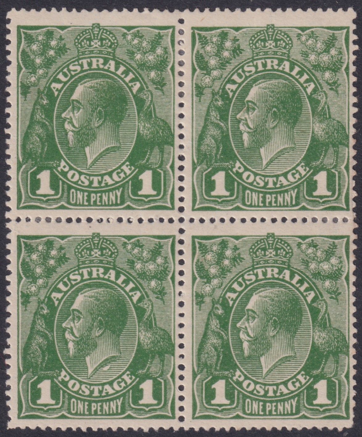 Australia 1924 1d Sage-Green No Watermark Block with Two Varieties
