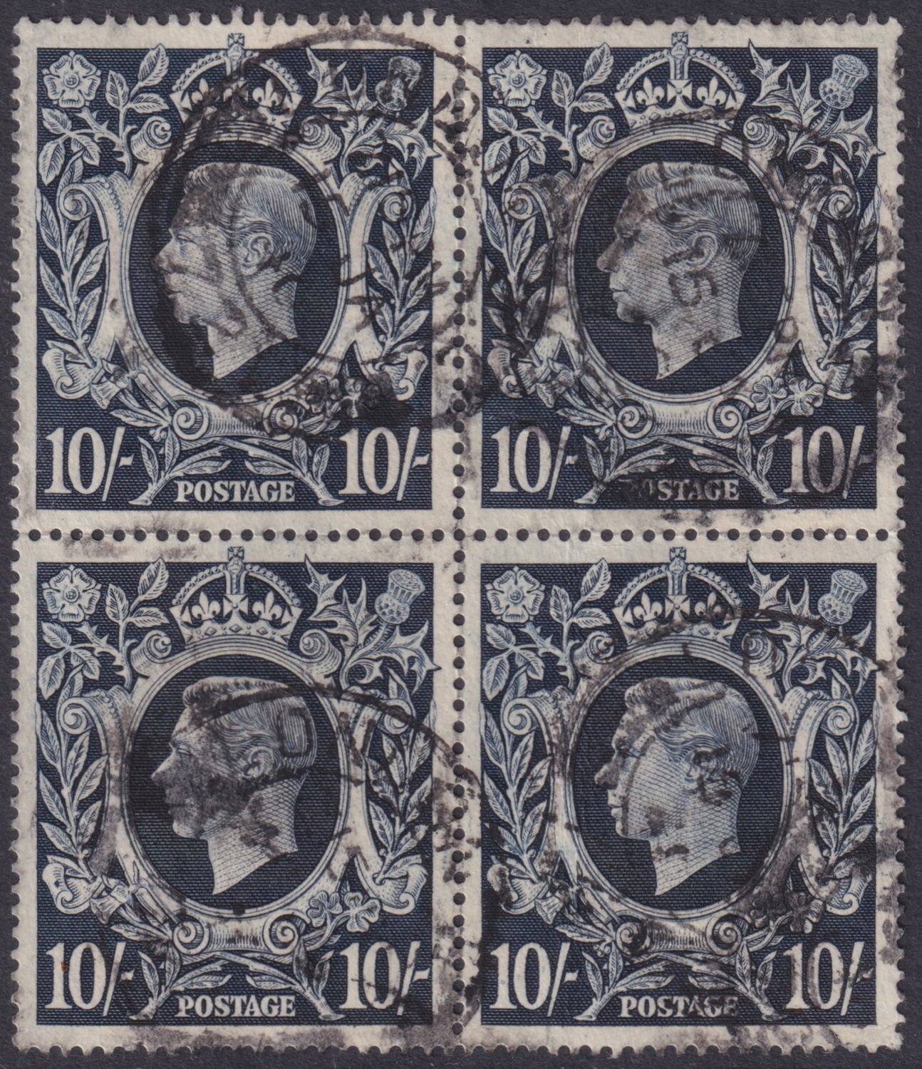 GB 1939 10/- Dark Blue Block of Four with Blot on Scroll