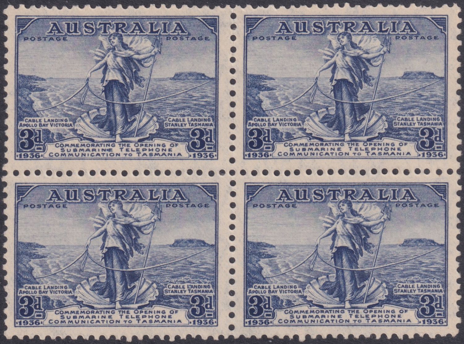 Australia 1936 3d Cable Block of Four with Two Listed Varieties