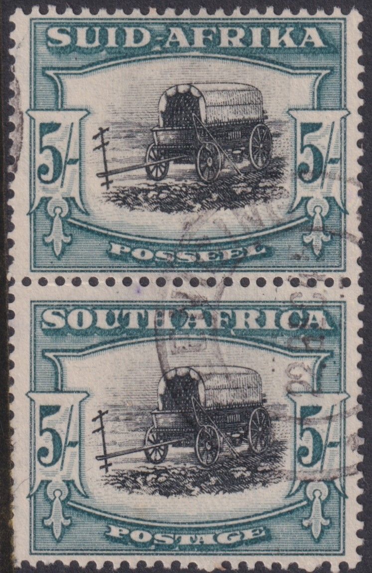 South Africa 1944 5/- Black and Blue-Green Pair with Broken Yoke Pin