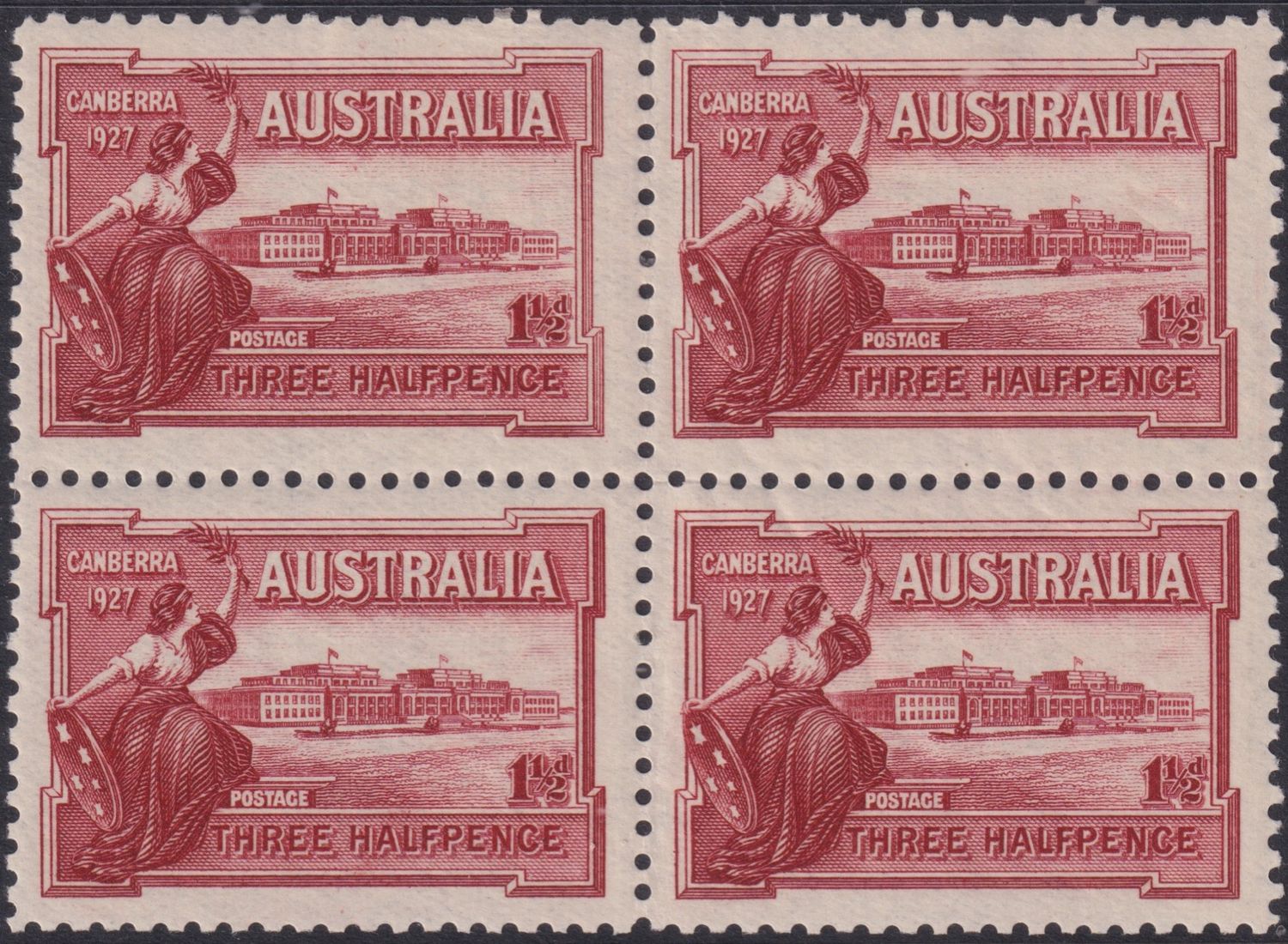 Australia 1927 1½d Canberra Block of Four with Weak Shading in Right Frame Variety
