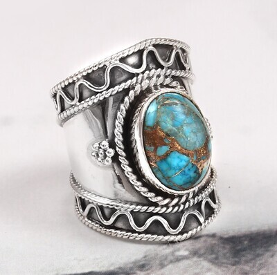 Copper Turquoise Wide Ring Sz 7