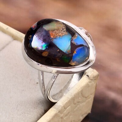 Opal Nugget Cluster Sterling Ring Sz 8