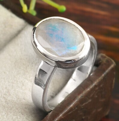 Rainbow Moonstone Sterling Ring Sz 6