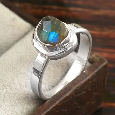 Faceted Labradorite Sterling Ring Sz 8