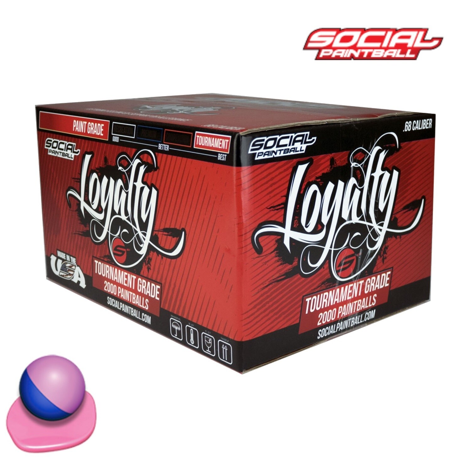Social Paintball Loyalty Pro .68 cal Paintballs - Case of 2000 Rds - Pink/Purple Shell - Pink Fill