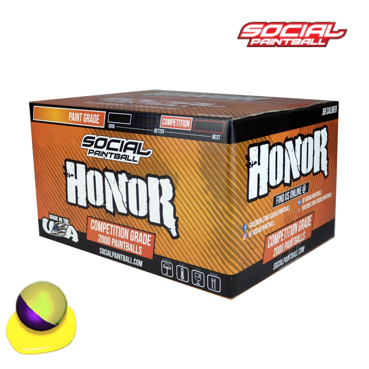 Social Paintball Honor .68 cal Paintballs - Case of 2000 Rds - Purple/Yellow Shell - Yellow Fill