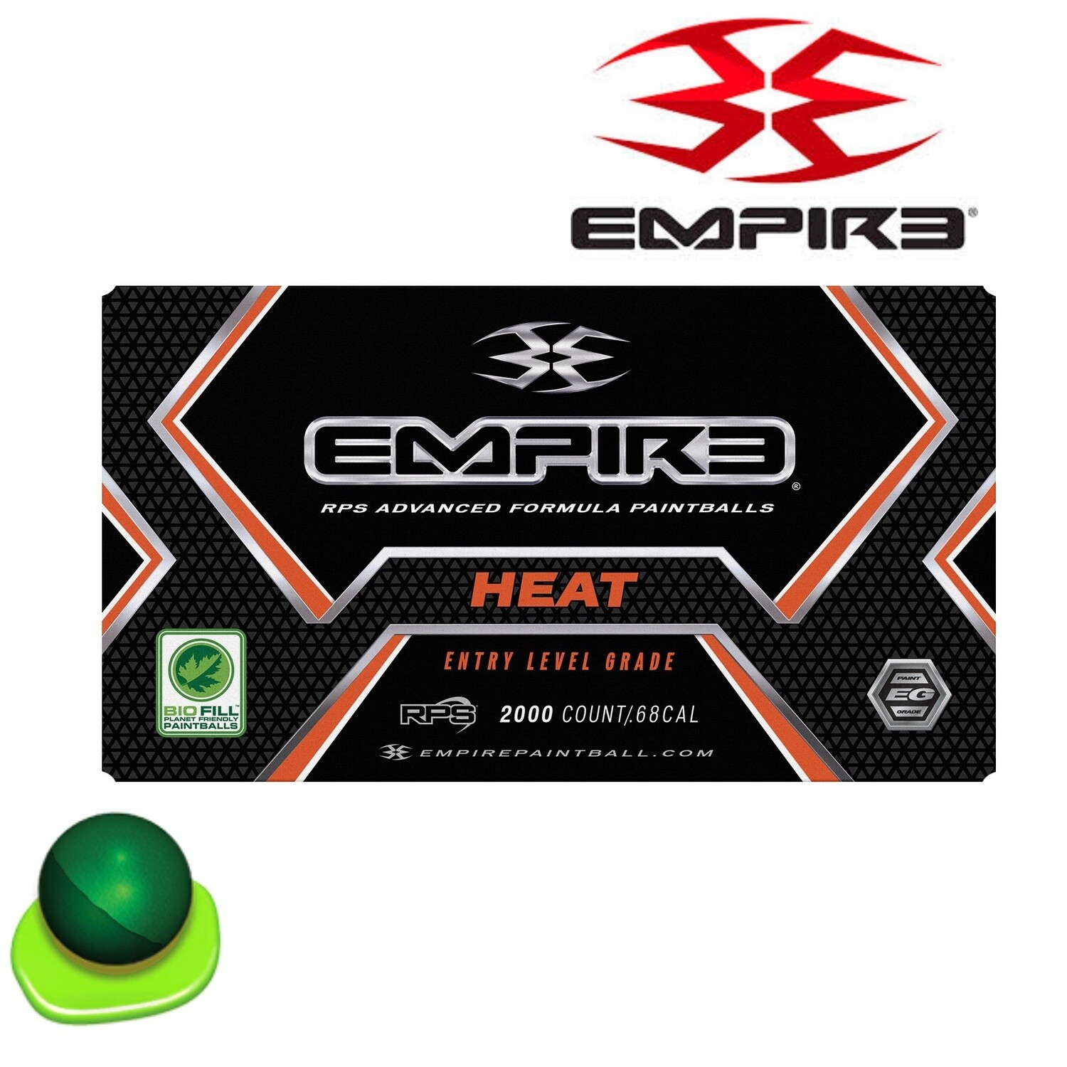 Empire Heat .68 cal Paintballs - Case of 2000 Rds - Green/Light Green Shell - Green Fill