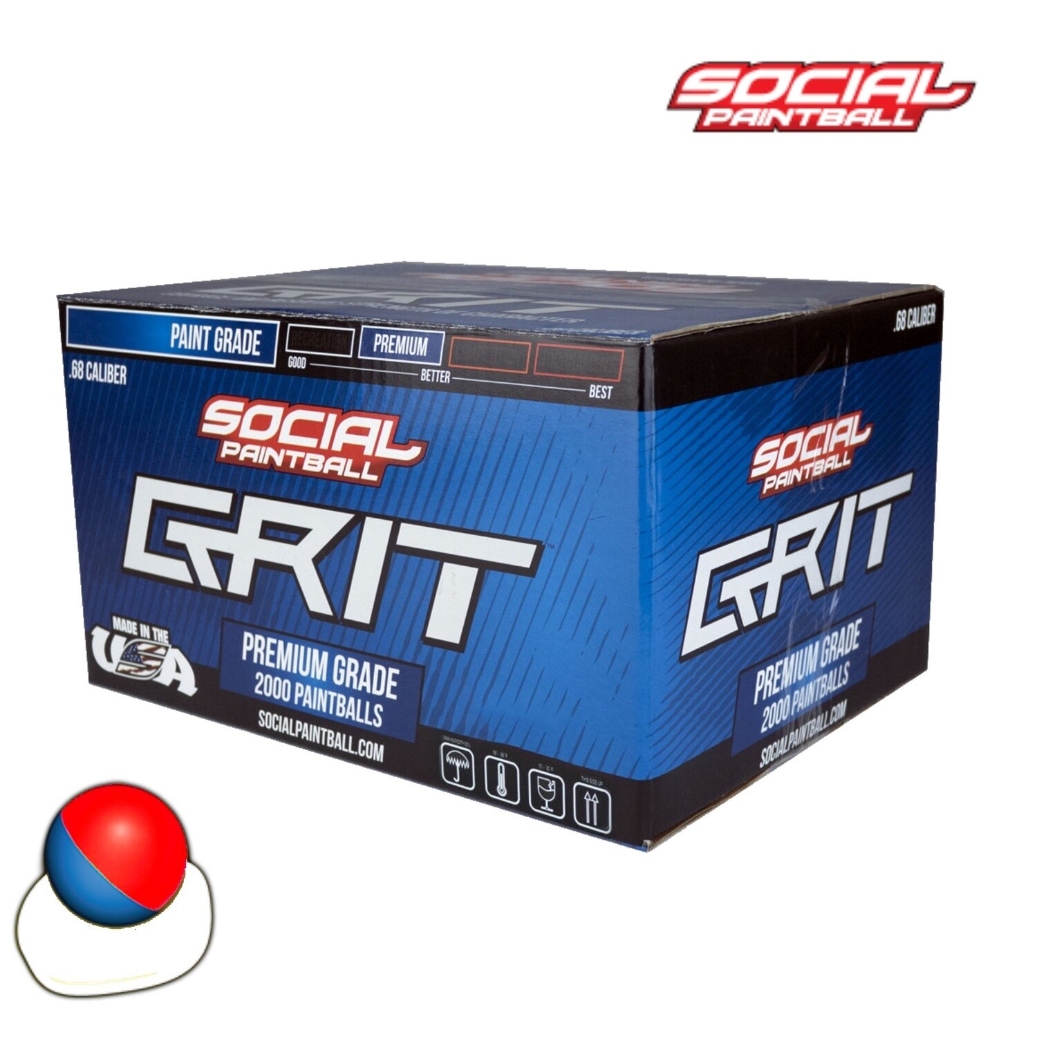 Social Paintball Grit .68 cal Paintballs - Case of 2000 Rds - Blue/Red Shell - White Fill
