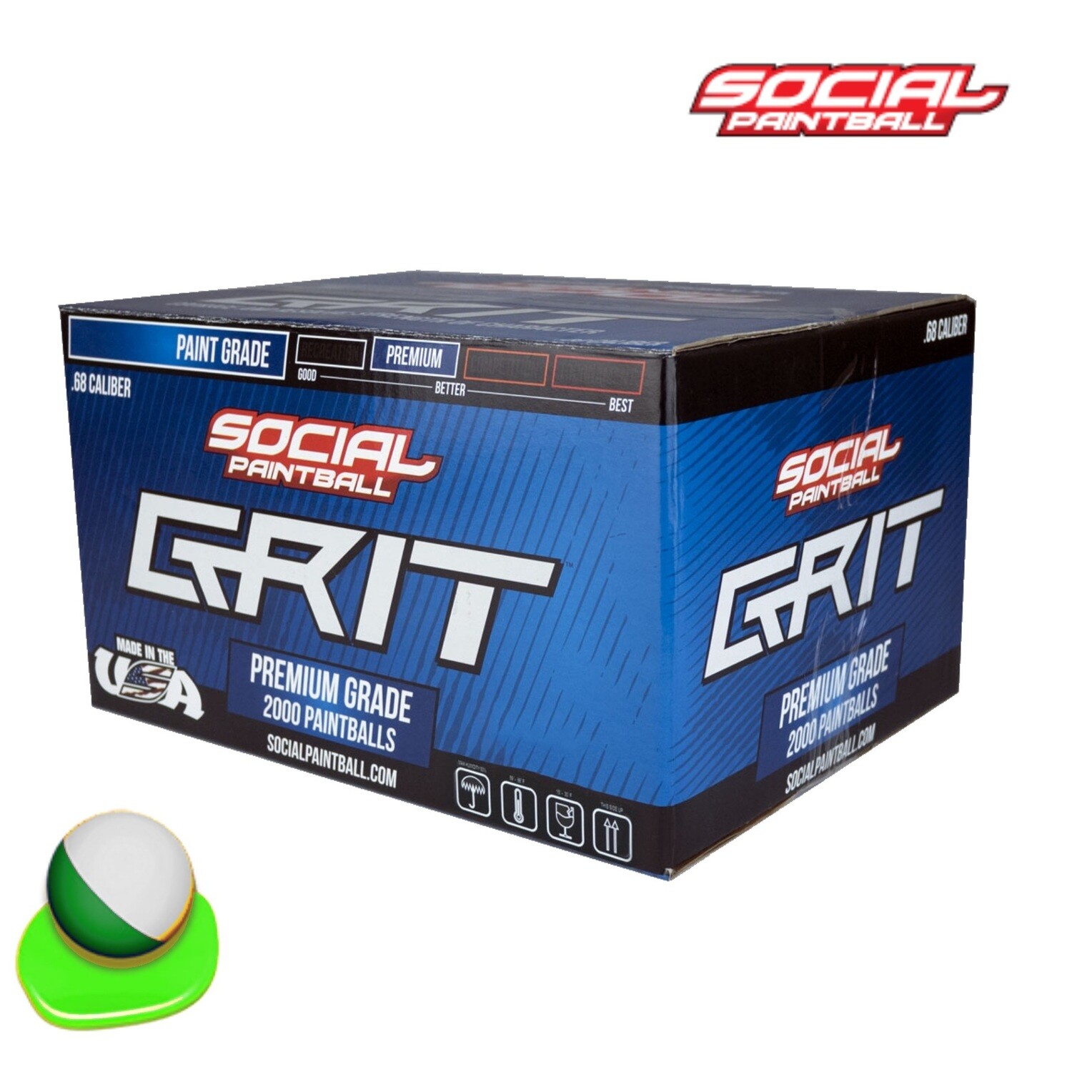 Social Paintball Grit .68 cal Paintballs - Case of 2000 Rds - Silver/Green Shell - Lime Green Fill