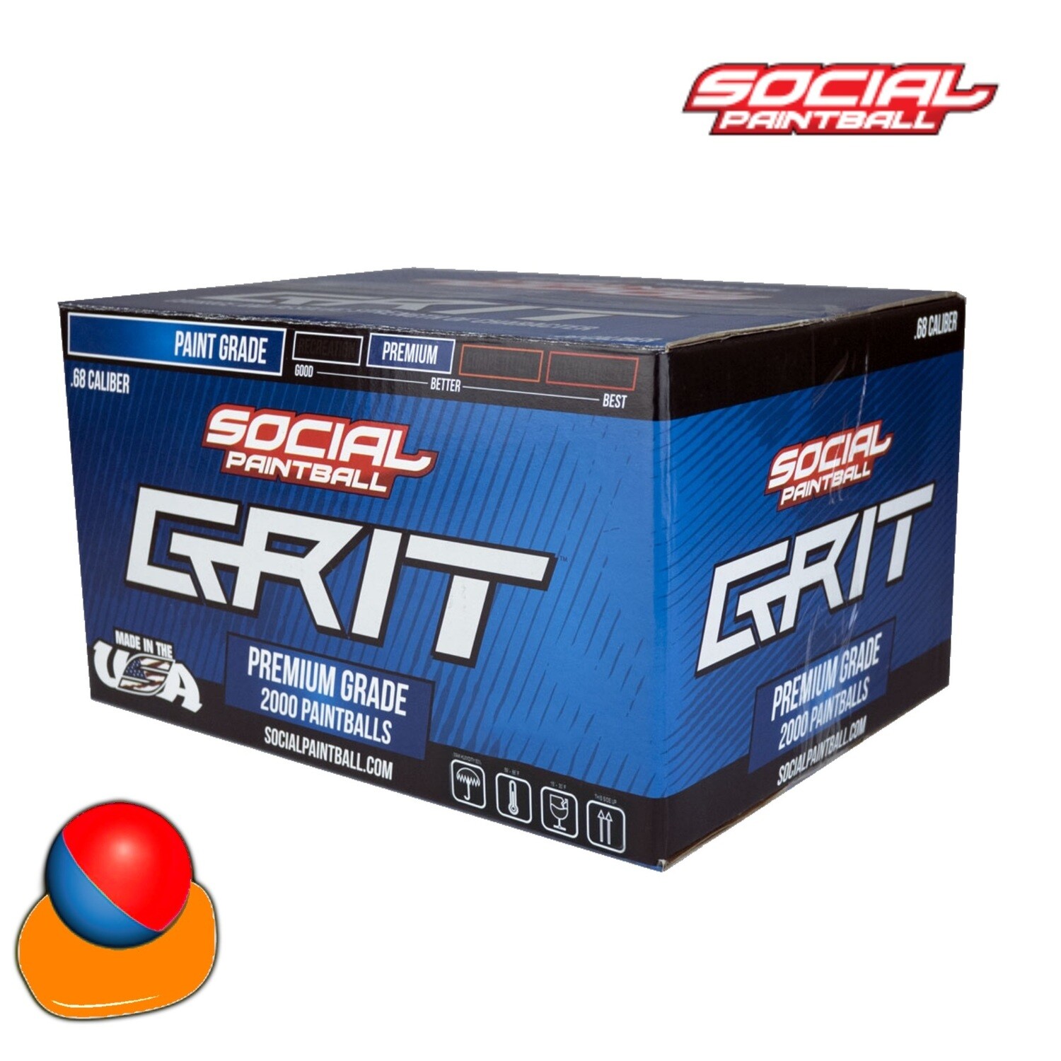 Social Paintball Grit .68 cal Paintballs - Case of 2000 Rds - Red/Blue Shell - Orange Fill