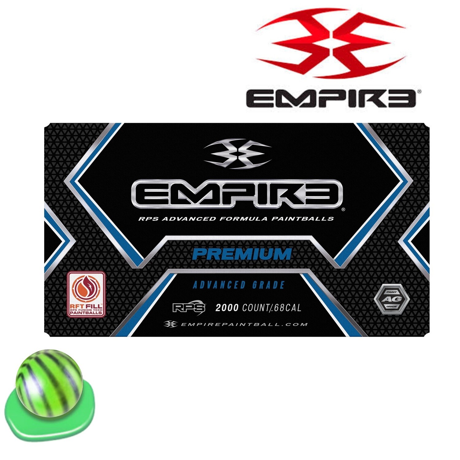 Empire Premium .68 cal Paintballs - Case of 2000 Rds - Lime/Stripe Shell - Neon Green