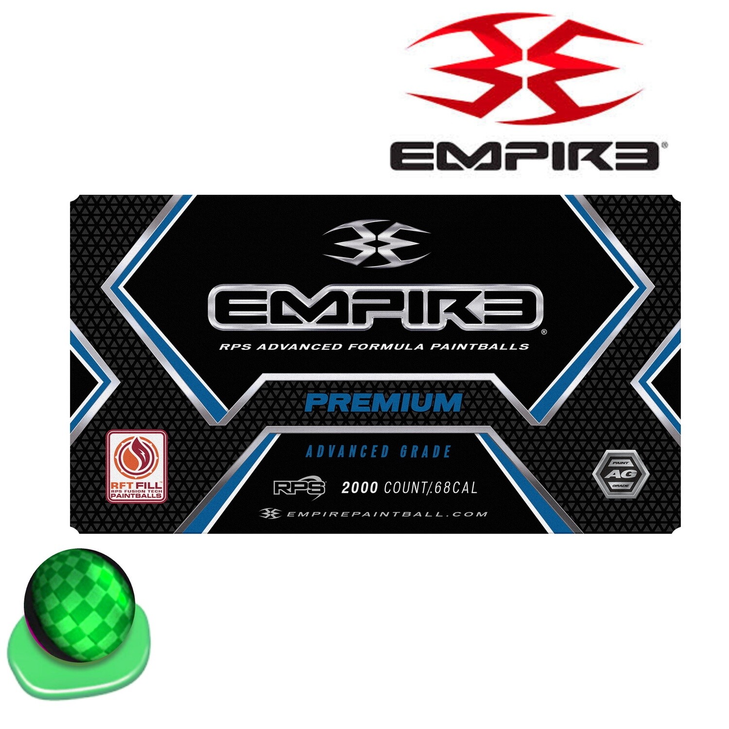 Empire Premium .68 cal Paintballs - Case of 2000 Rds - Green/Carbon Fiber Shell - Green Fill