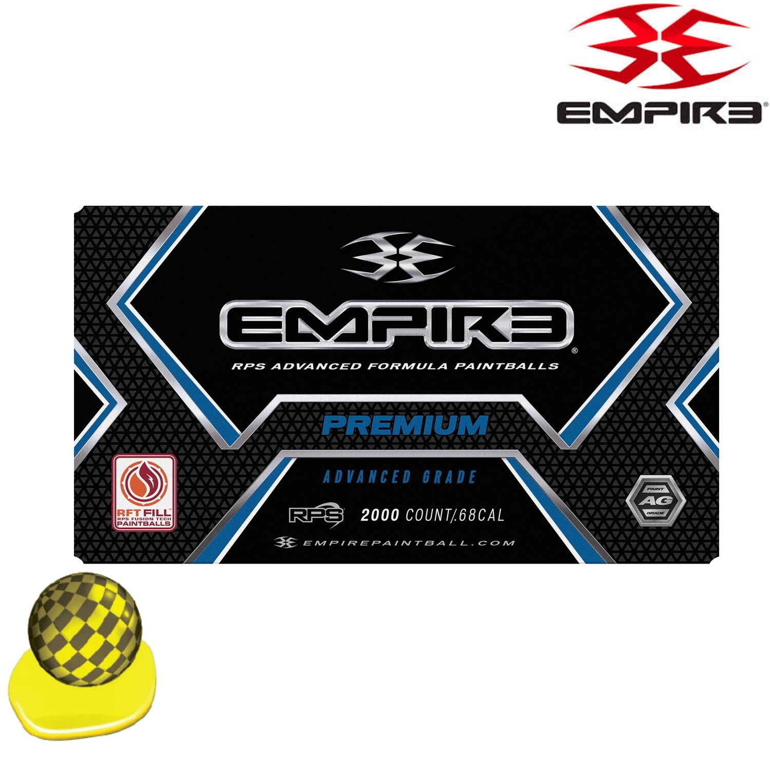 Empire Premium .68 cal Paintballs - Case of 2000 Rds - Yellow/Carbon Fiber Shell - Yellow Fill