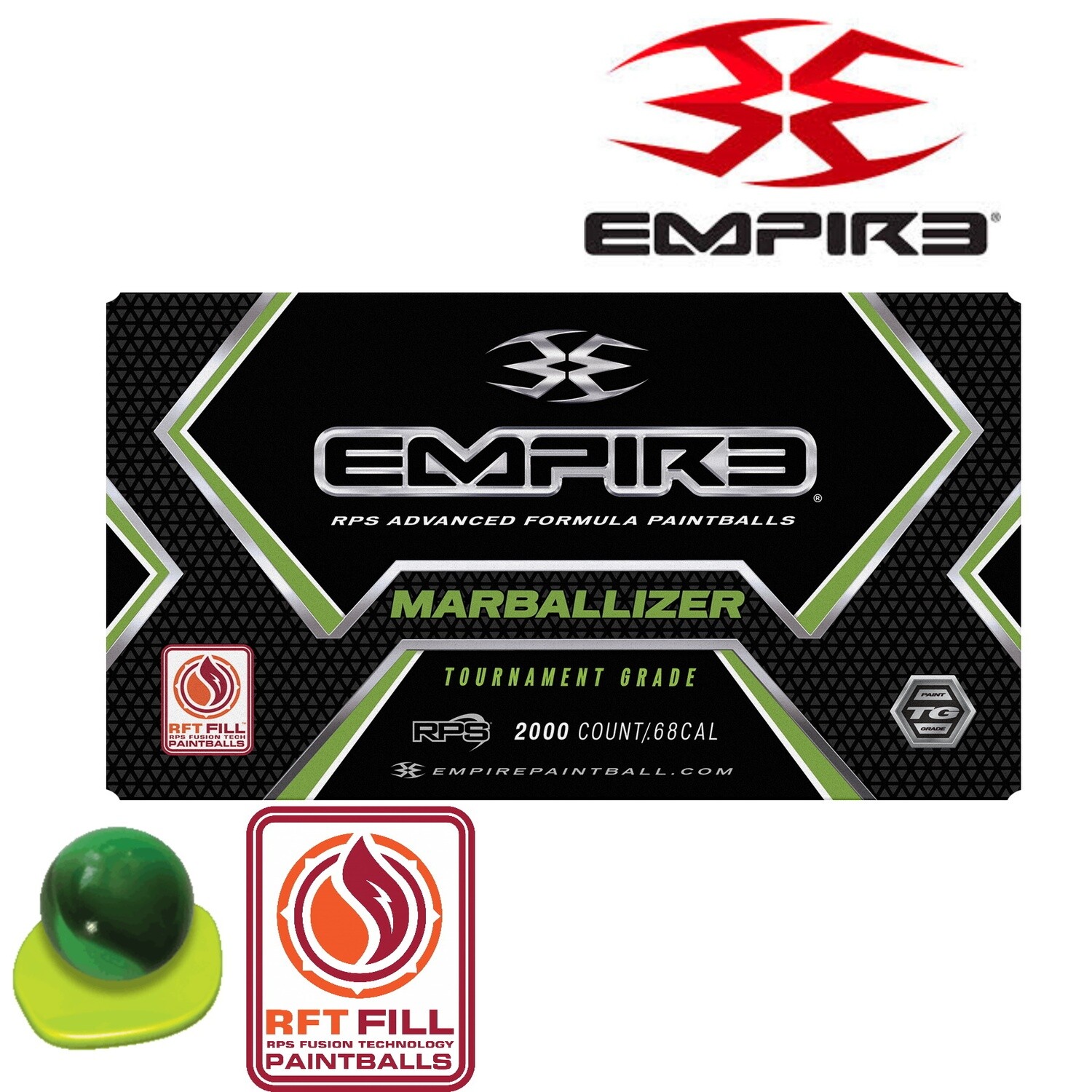 Empire Marballizer .68 cal Paintballs - Case of 2000 Rds - Clear/Green Swirl Shell - Neon Green Fill